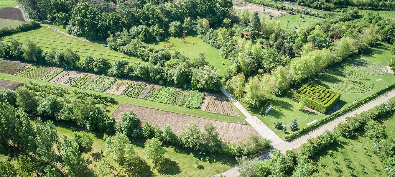 Aerian view al unui parc cu grădini și arii cultivate: pizza alei-pat, terenuri de culturi, corneliu de copaci, labirint de arbuști în formă geometrică, piese de grădină prin zone verzi.