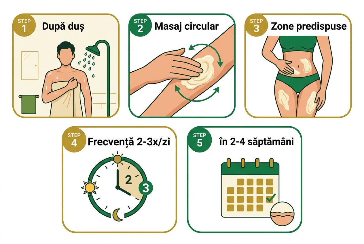 Unt de shea pentru vergeturi prezentat ca parte a unui ghid de îngrijire: pași de aplicare, masaj circular, zone predispuse, frecvență de utilizare și program de 2-4 săptămâni.